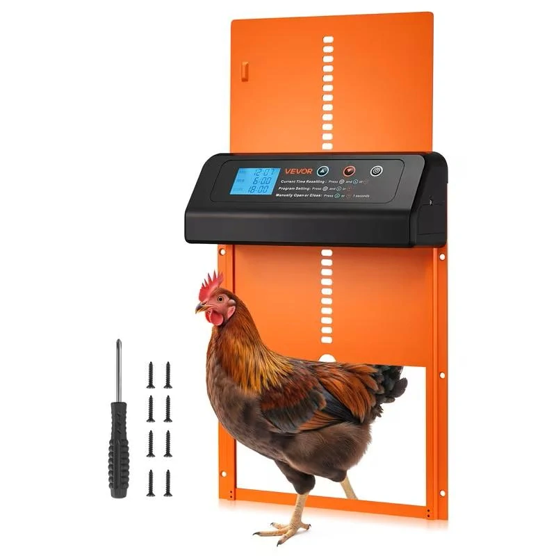 Automatická dvířka do kurníku s časovačem a ochranou proti přiskřípnutí – oranžová